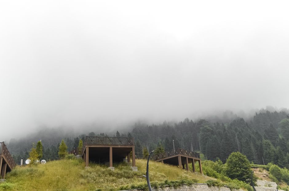 Ancient stone ceremonial platforms at Iximché partially obscured by morning mist among pine trees