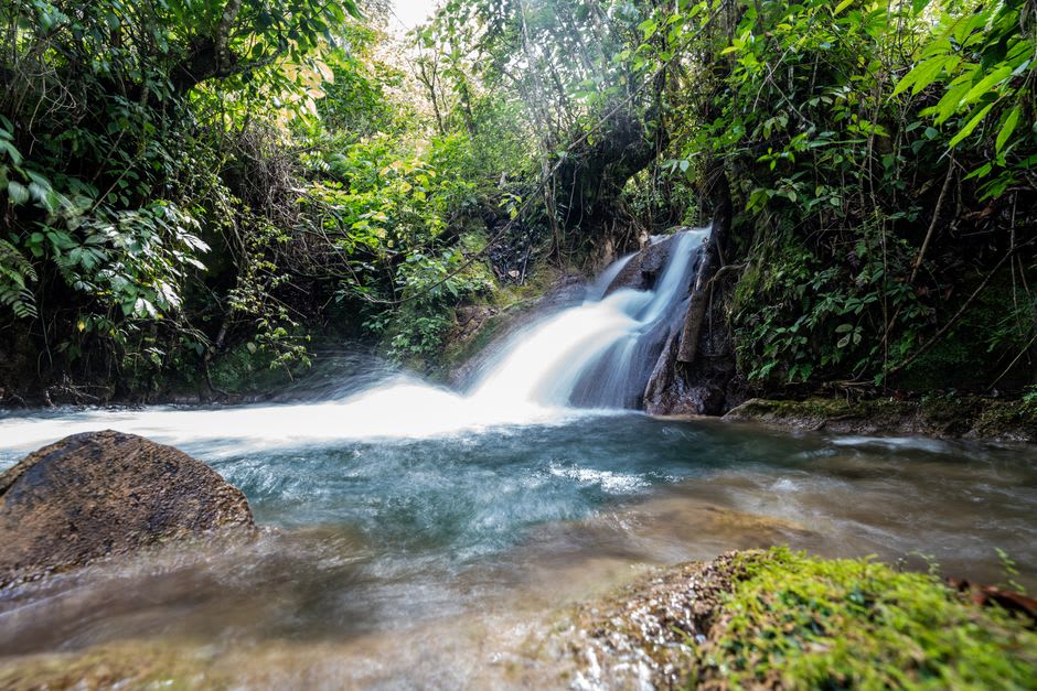 Travelers floating on inner tubes down the jungle river near Lanquín