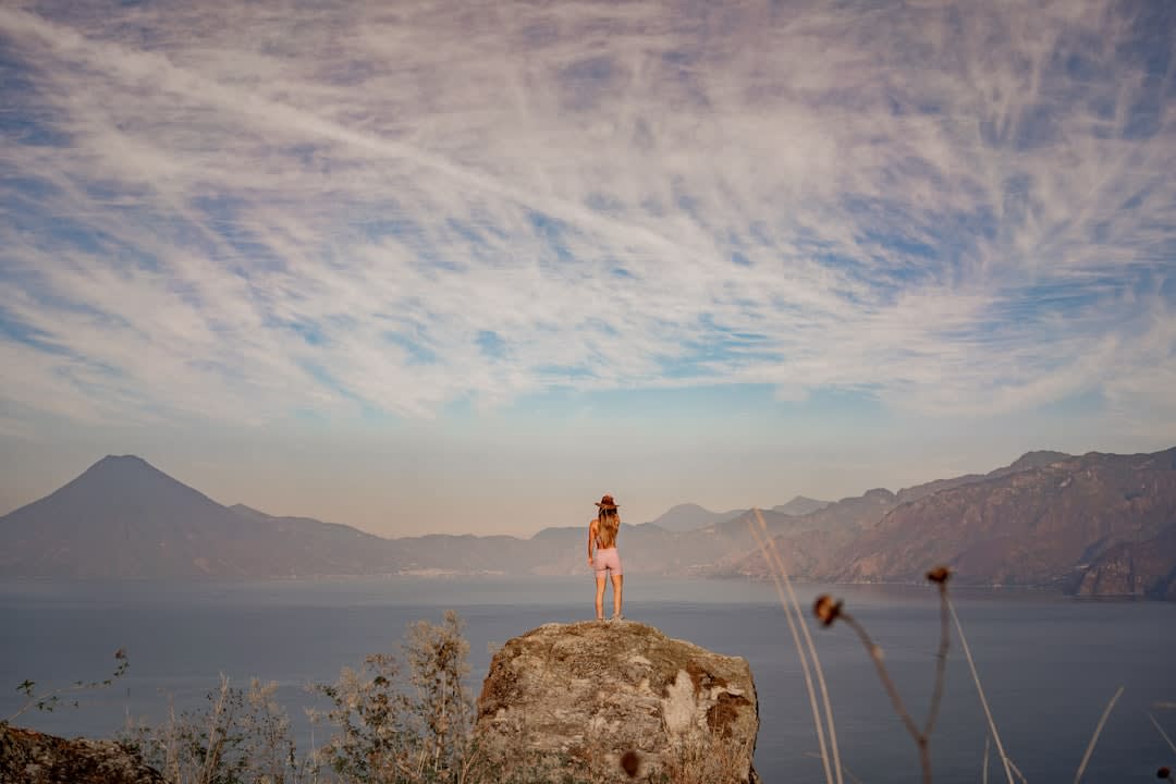 View from the summit of Volcán San Pedro looking down over Lake Atitlán at sunrise