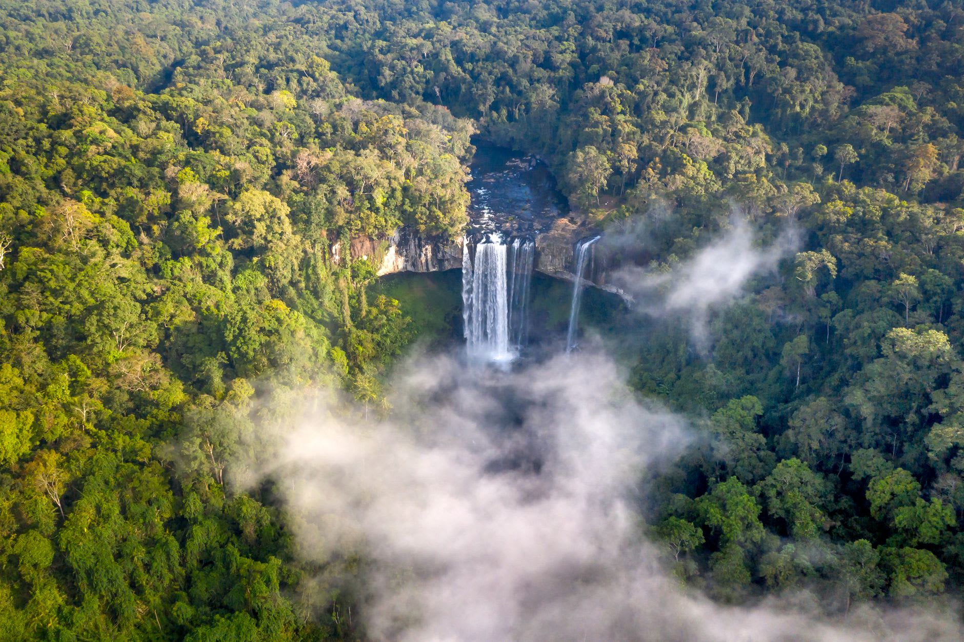 The full drop of Kaieteur seen from the side, the gorge swathed in permanent mist below