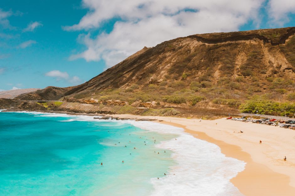 Snorkeler swimming above coral reef with a green sea turtle in Hanauma Bay
