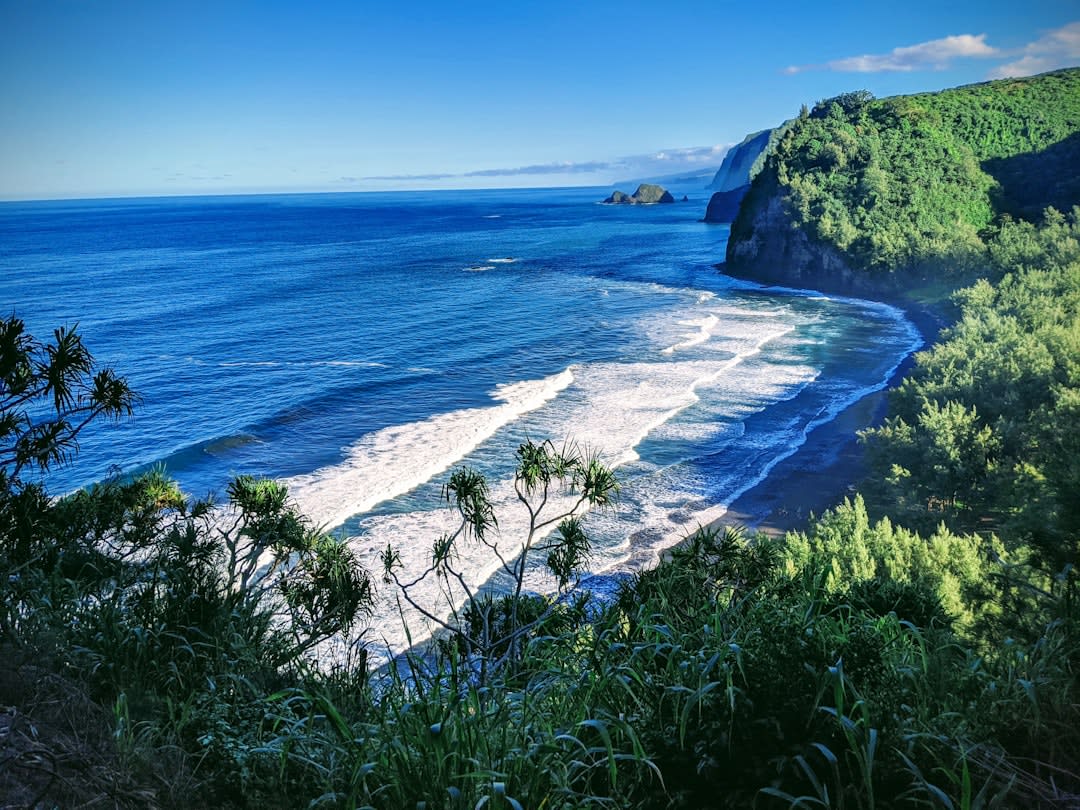 Vista desde el sendero de la cresta costera al norte del Valle de Pololu hacia los valles vecinos de Kohala
