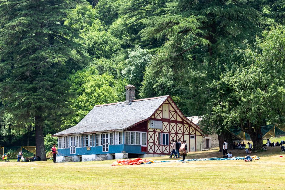 Colonial-era cottages and staff housing near the Uhl River hydroelectric powerhouse in Barot