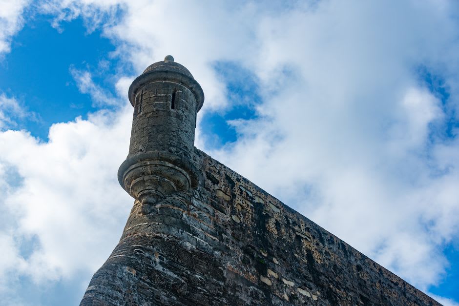 The stone ramparts and cannon emplacements of the Fuerte de San Fernando de Omoa facing the Caribbean Sea