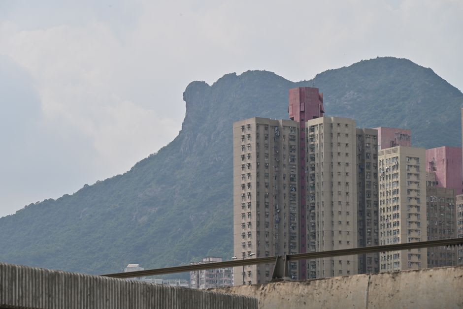 La densa cuadrícula de torres de Kowloon extendiéndose hacia el puerto Victoria, vista desde la silla debajo de la cumbre de Lion Rock