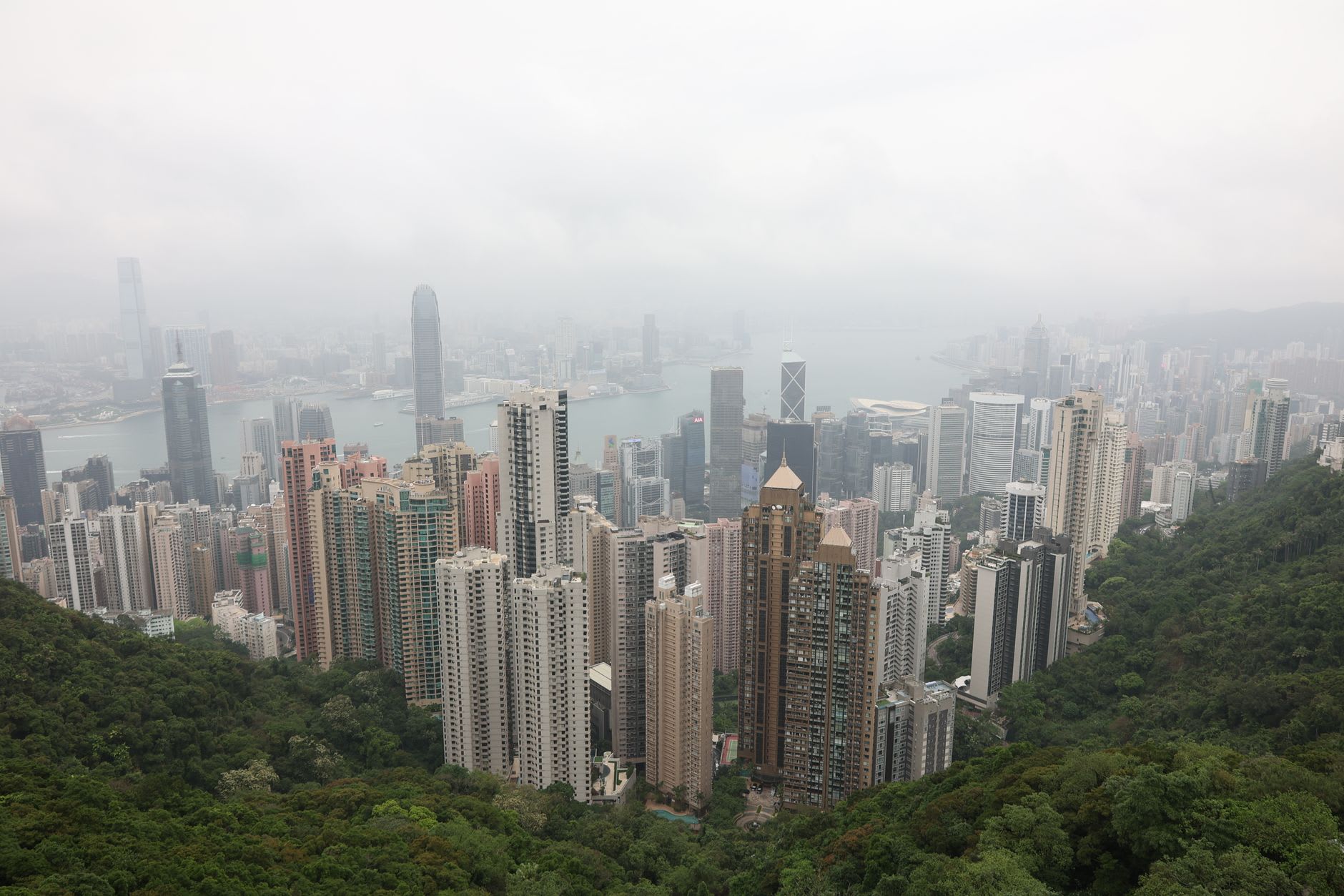 The Hong Kong skyline stretching across both shores of Victoria Harbour from the Peak at dusk