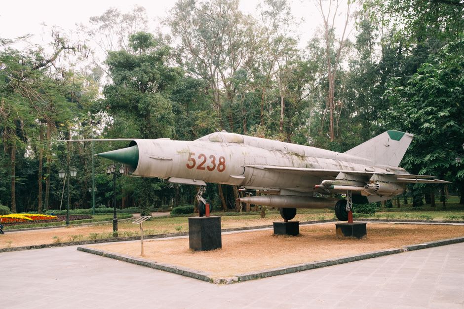 The Hargeisa War Memorial with its mounted MiG fighter jet against a pale sky