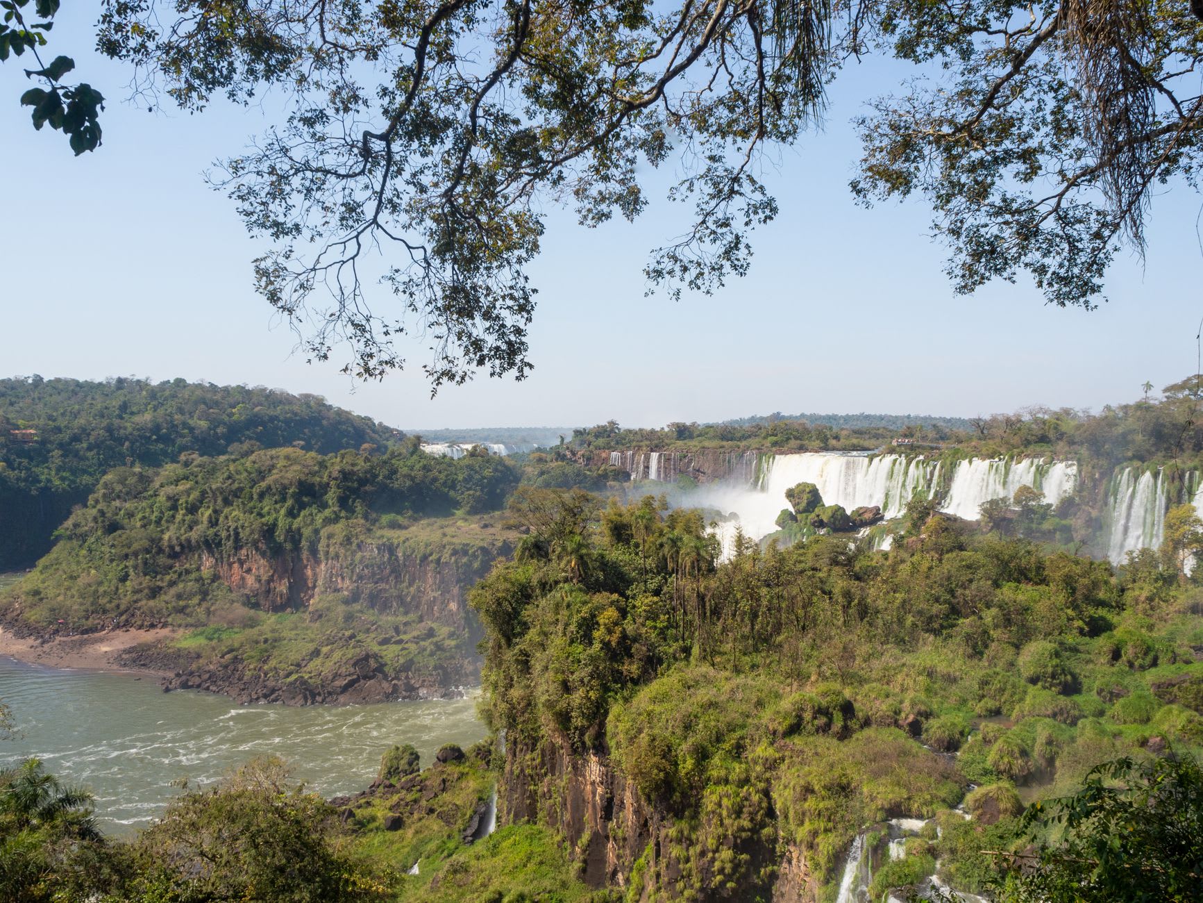 Un singe capucin observant depuis la lisière de la jungle de l'Isla San Martín avec la brume des chutes visible en arrière-plan