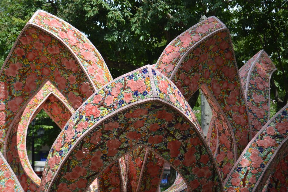 A mosaic sculpture at Nek Chand's Rock Garden made from broken tiles and industrial scrap