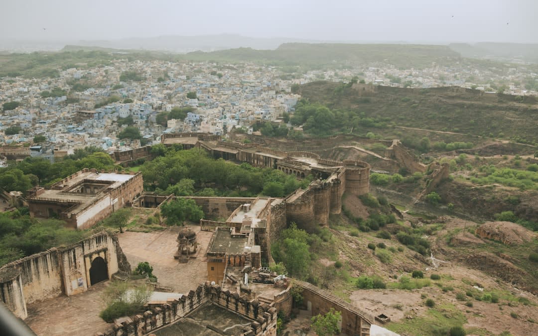 The dense grid of blue-painted houses in Jodhpur's old city seen from Mehrangarh's ramparts