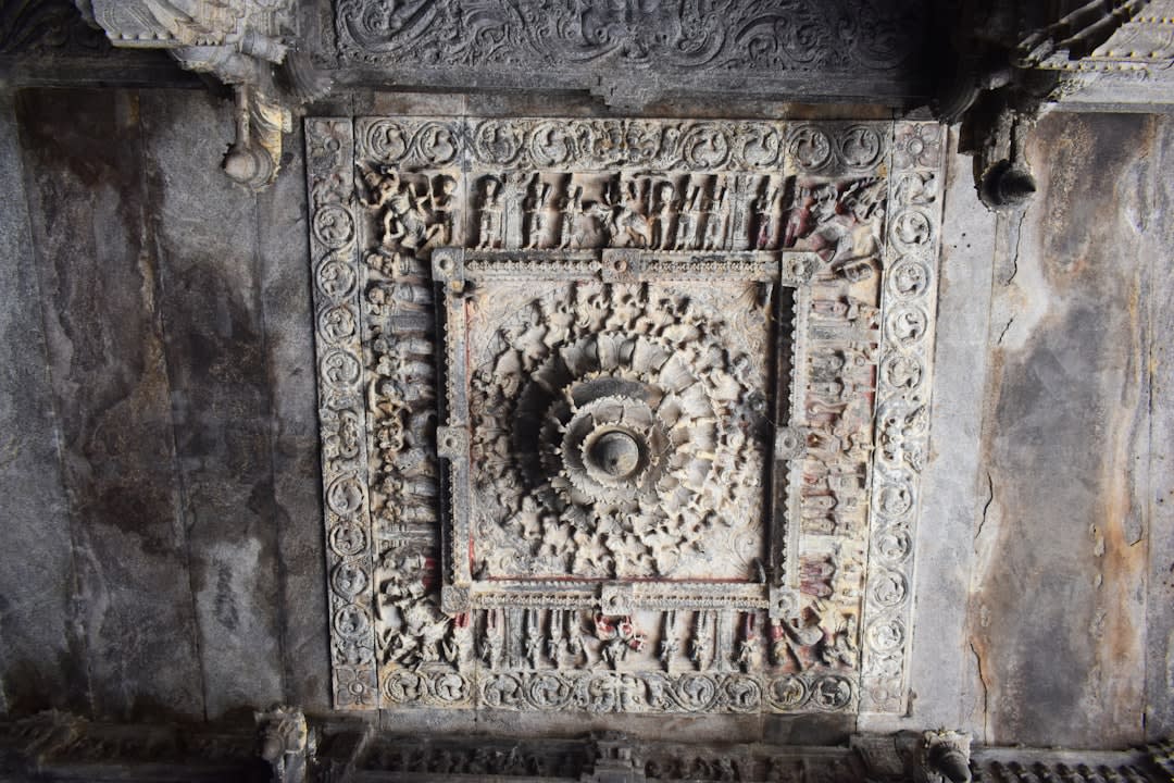 The intricately carved white marble ceiling of one of the Dilwara Jain temples