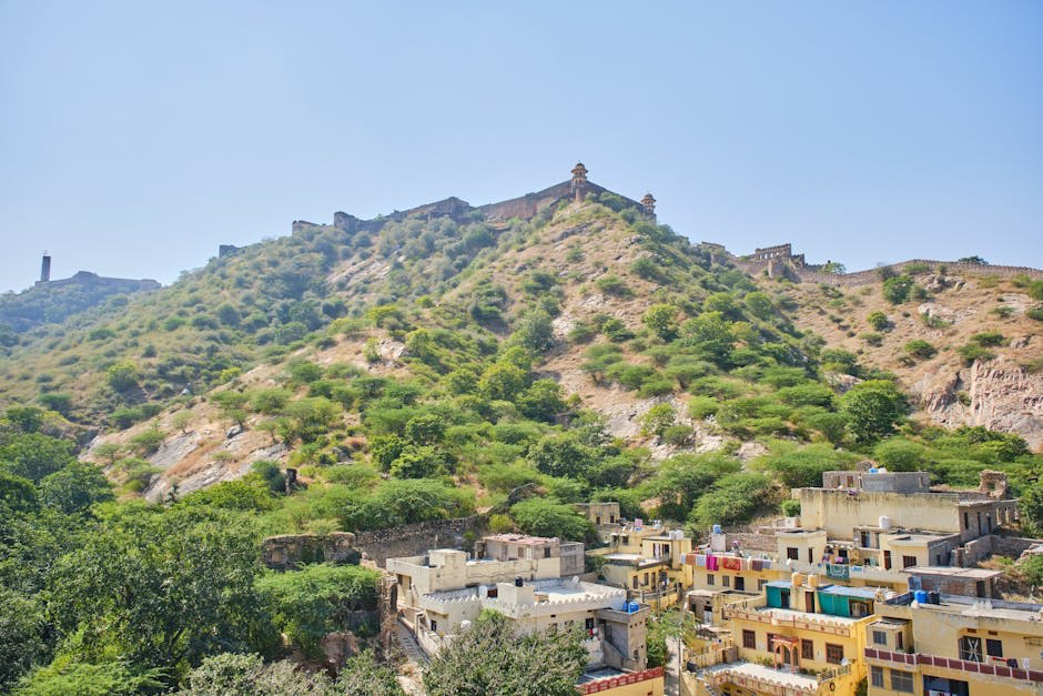 The amber-hued walls and intricate architecture of a Rajasthani fort