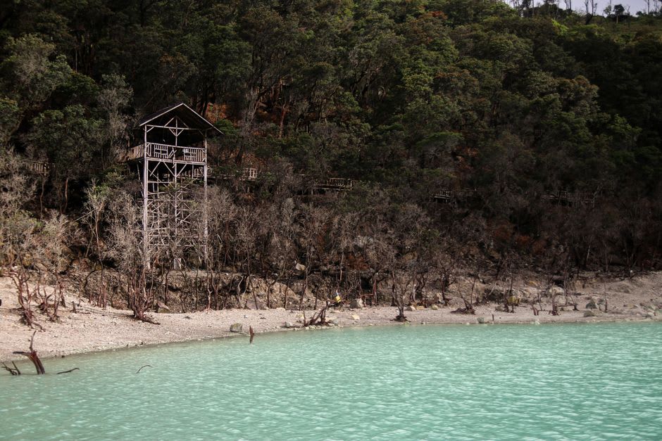 Turquoise sulfuric waters of Kawah Putih crater lake surrounded by pale dead trees