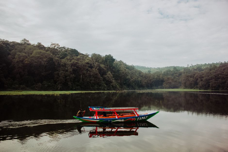 Pine trees reflected in the still waters of Situ Patenggang lake