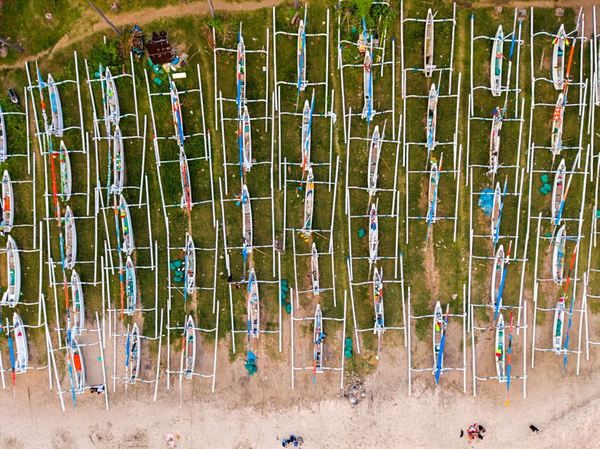 Traditional painted outrigger canoes lined up on a Biak beach at low tide