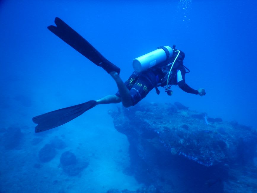 A diver suspended along a steep coral wall dropping into deep blue water