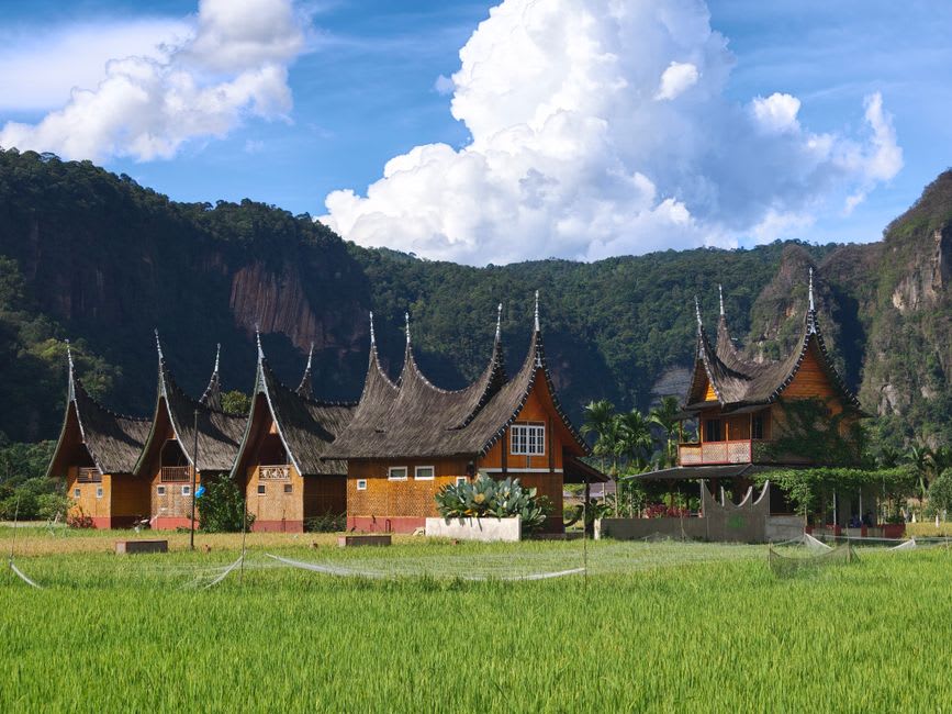 Rice terraces and Minangkabau villages on the hillside overlooking Danau Singkarak