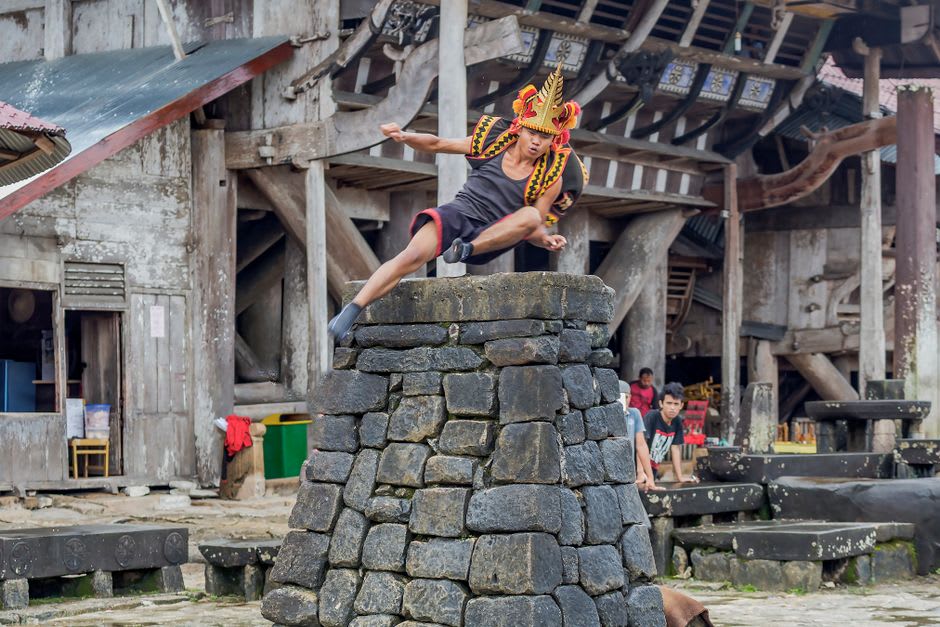 Traditional stone jumping ritual in Bawömataluo village, Nias Island
