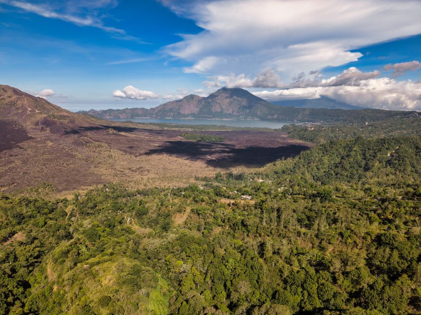 Lake Batur and Mount Batur volcano seen from the Kintamani caldera rim