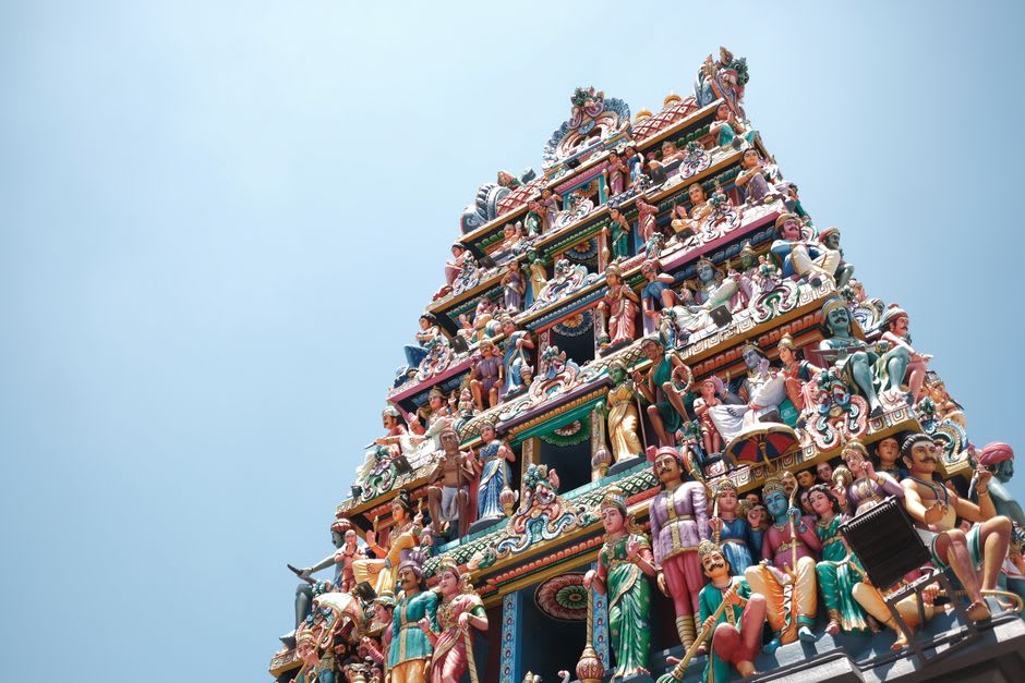 Ornate carved gopuram tower of Sri Mariamman Hindu temple in Medan