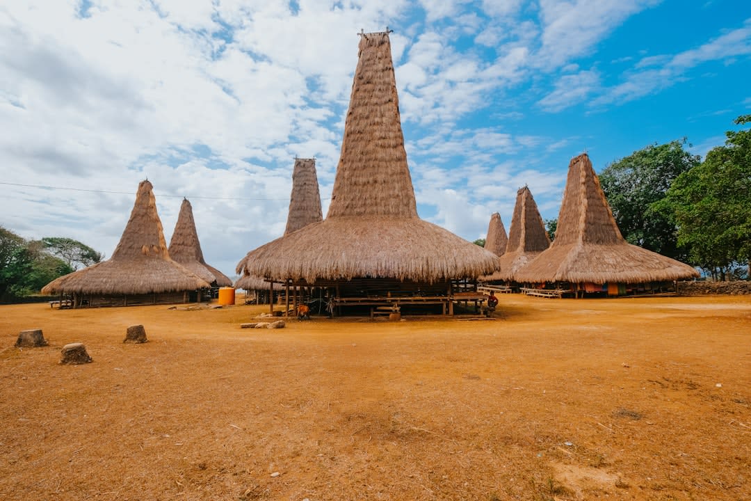 Stone megalithic tombs standing among traditional houses in a West Sumba village