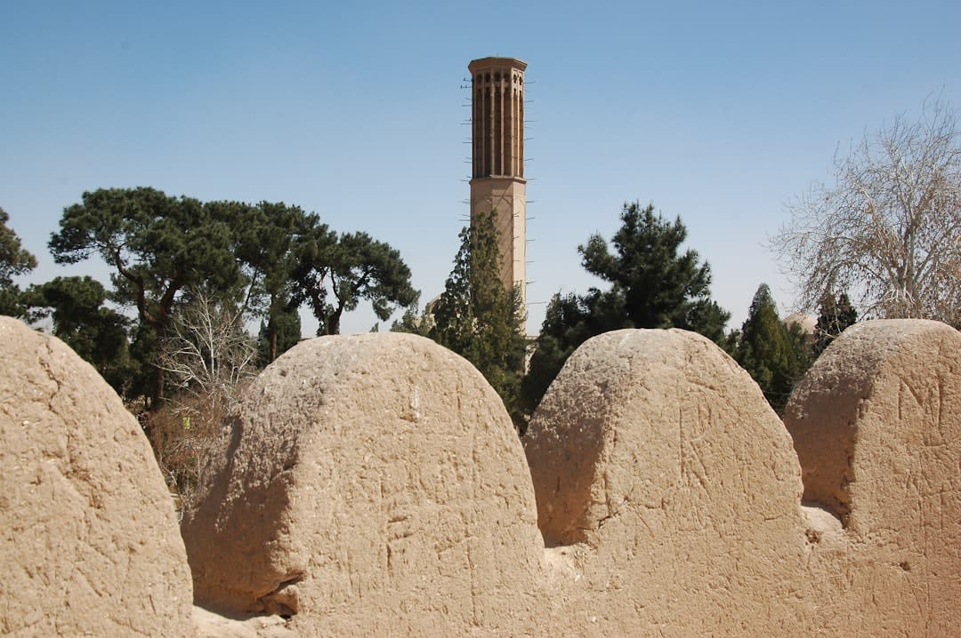Longs canaux d'eau courant sous une rangée de grands cyprès dans le jardin d'Afif-Abad