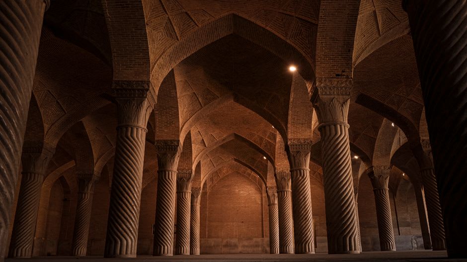 Las columnas de arenisca talladas en espiral de la sala de oración de la mezquita Vakil en Shiraz
