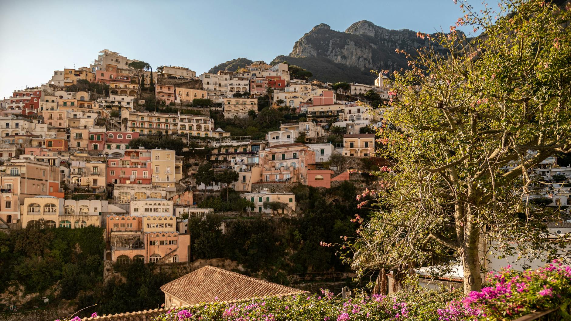 Positano's colorful houses cascading down cliffs to the Mediterranean
