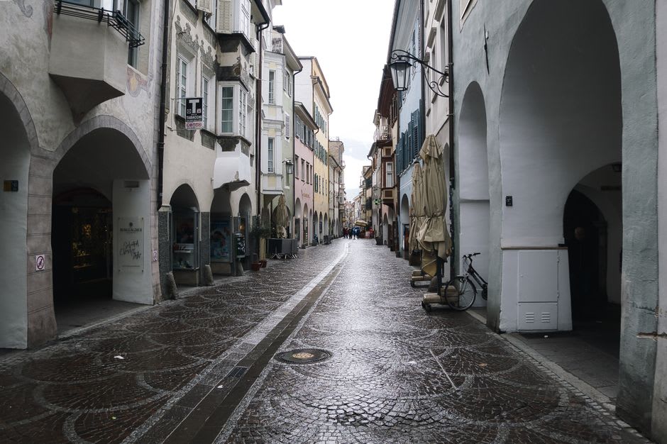 The medieval arcades of Via dei Portici in Bolzano's old town