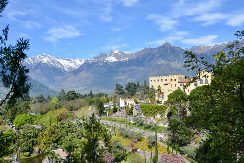 Terraced botanical gardens at Trauttmansdorff Castle overlooking the Merano valley