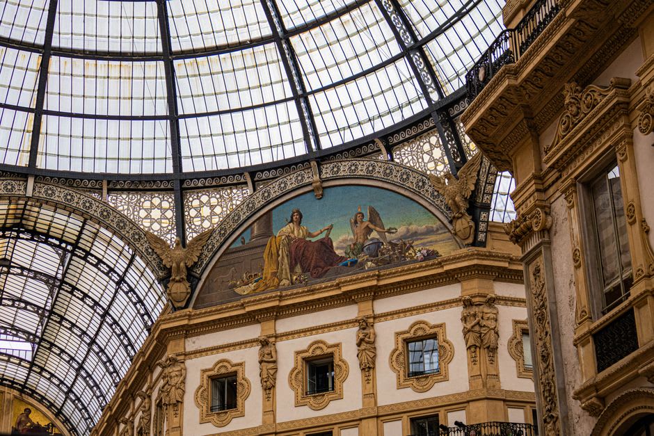 The ornate glass ceiling of the Galleria Vittorio Emanuele II shopping arcade