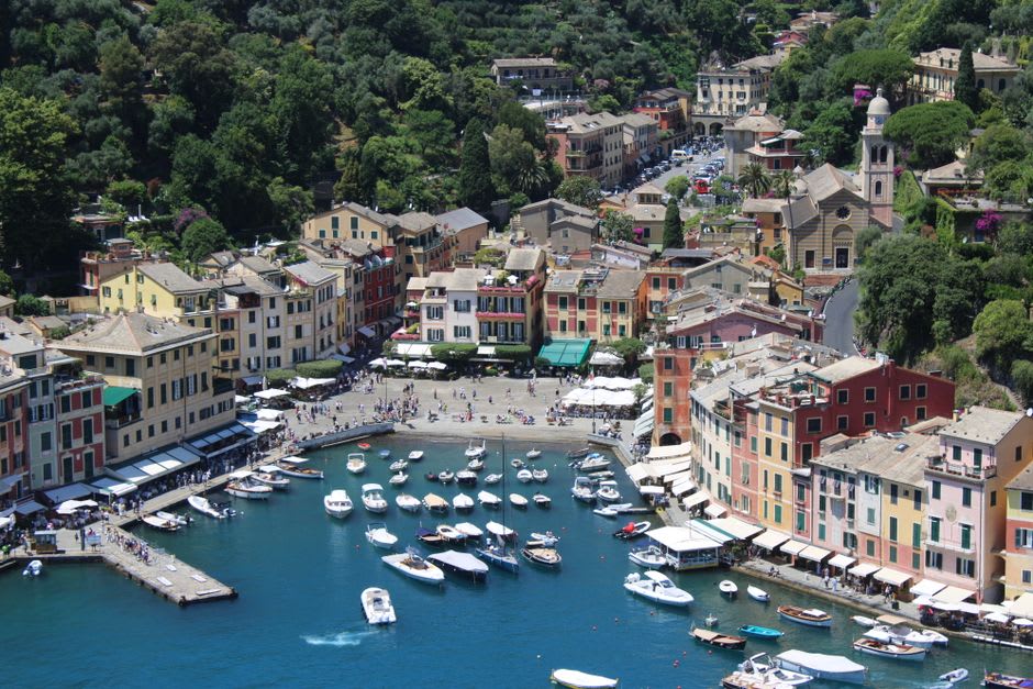 View of Portofino's pastel harbor from the terrace near San Giorgio church