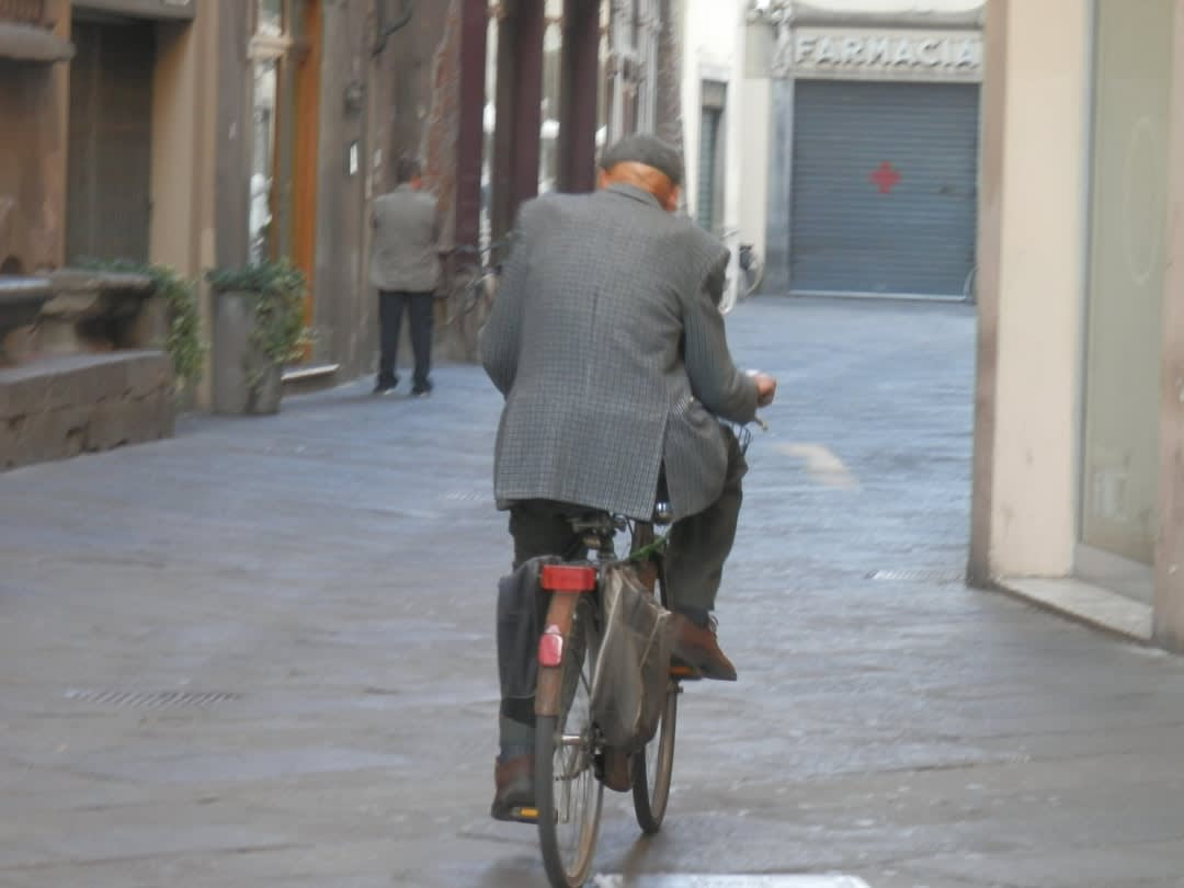 Cyclists riding along the tree-shaded promenade atop Lucca's ancient walls