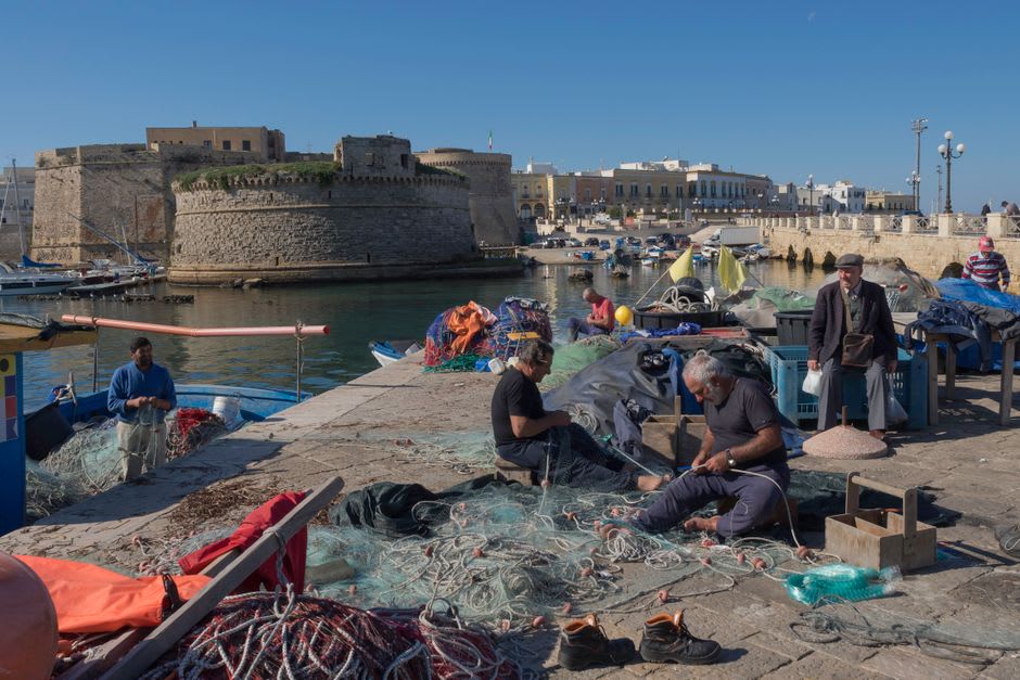The Castello di Carlo V fortress on the harbor of Monopoli, Puglia, with the old town walls behind it