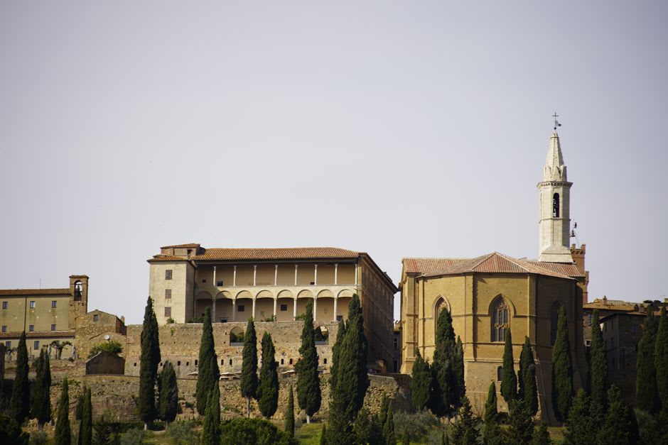 The trapezoidal Piazza Pio II with its Renaissance cathedral and palazzo facades