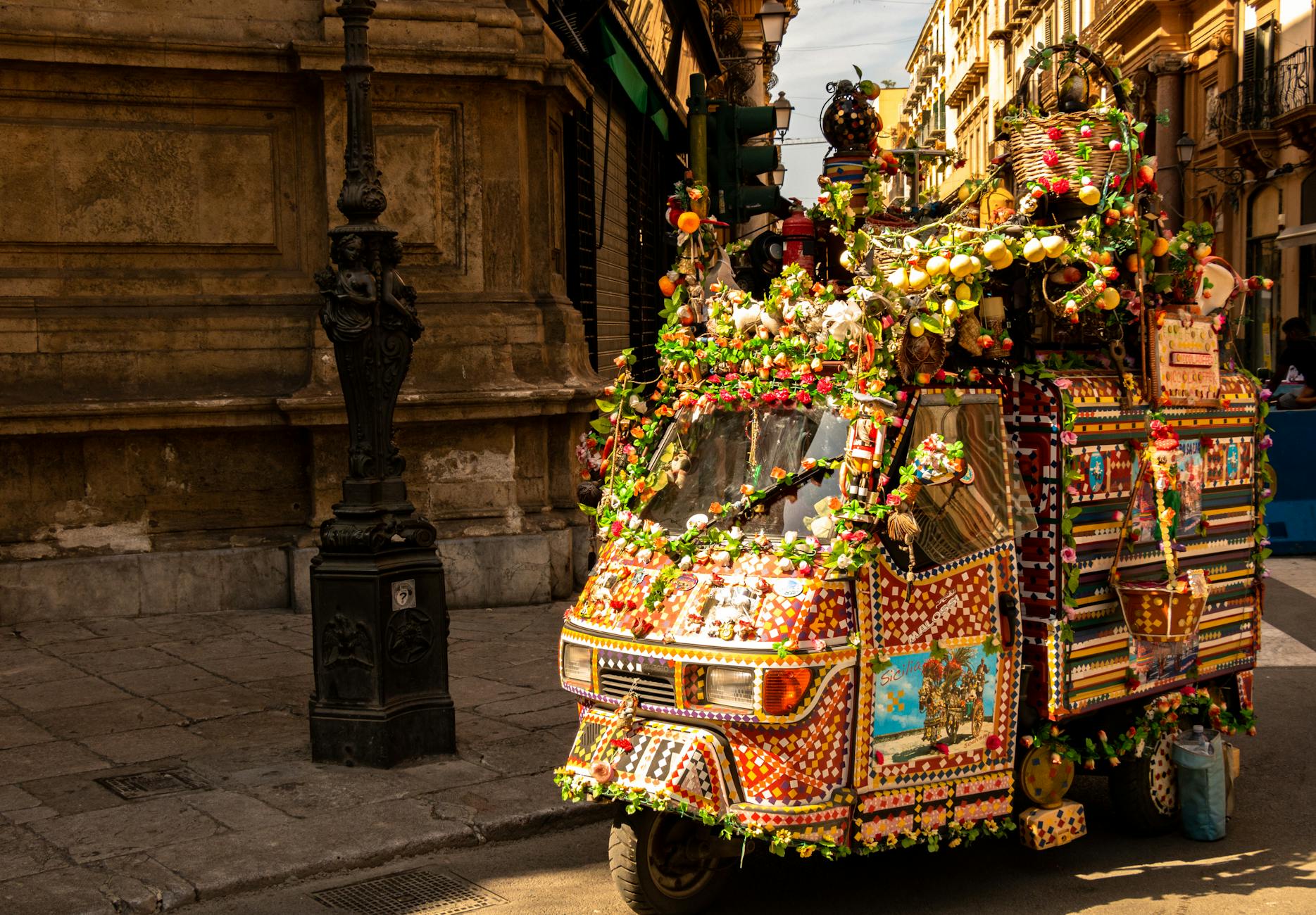 A bustling Palermo street market with colorful produce and local vendors