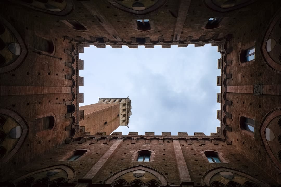 View over Siena's terracotta rooftops from the top of the Torre del Mangia