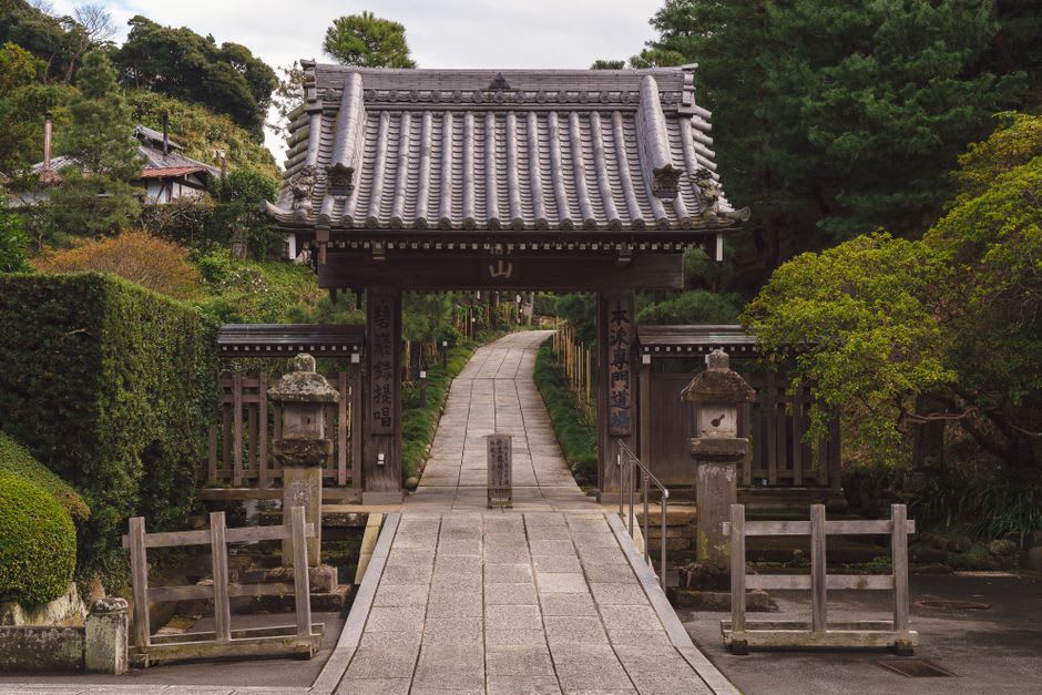 Young monks in black robes crossing a covered wooden walkway at Eiheiji in the rain, moving in single file with downcast eyes