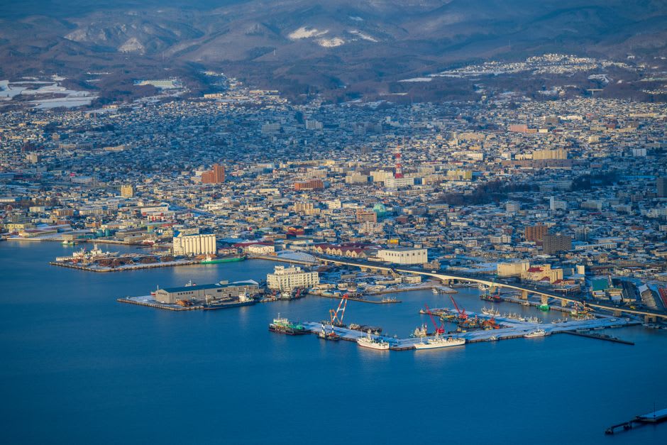 The night view from Mount Hakodate, the city glittering across its narrow isthmus with the dark sea pressing in on both sides