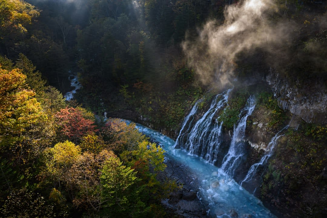 The Futami Suspension Bridge at Jōzankei spanning the gorge, red and gold maples blazing on the steep slopes down to the green river