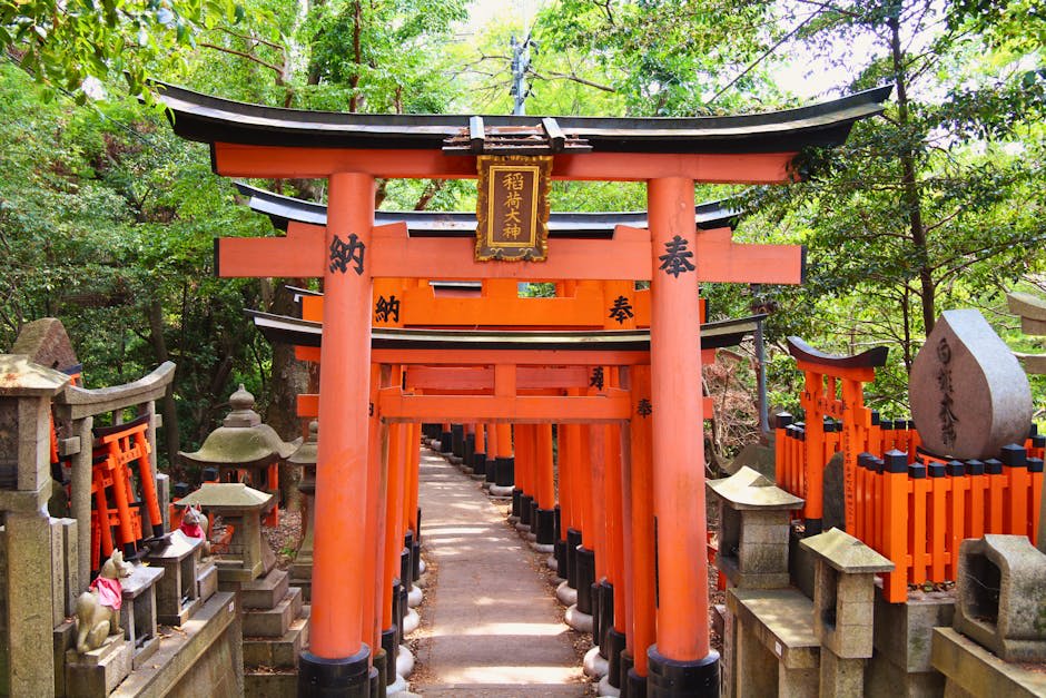The vibrant tunnel of red torii gates at Fushimi Inari Taisha — light streaming through in orange streaks, the path climbing into the mountain
