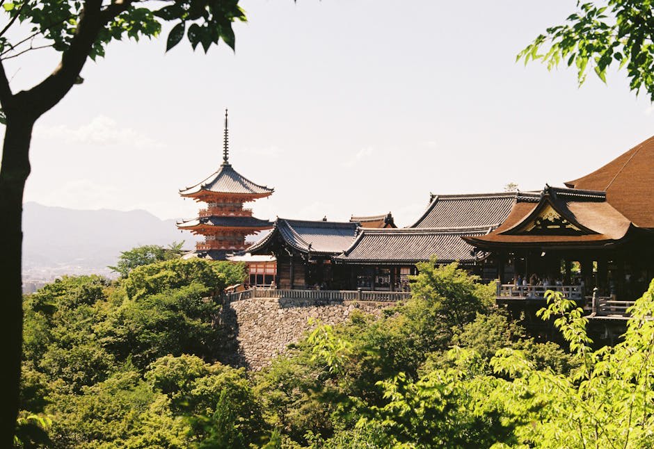 Kiyomizu-dera temple perched on the hillside with its wooden stage overlooking the canopy of trees and Kyoto beyond
