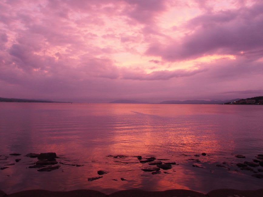Sunset over Lake Shinji in Matsue, the small pine-covered island of Yomegashima silhouetted black against a sky and water glowing copper and orange
