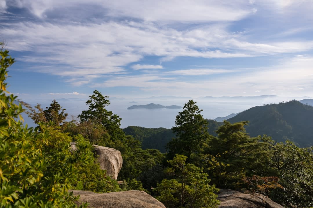 The islands of the Seto Inland Sea seen from the summit of Mount Misen on Miyajima at golden hour