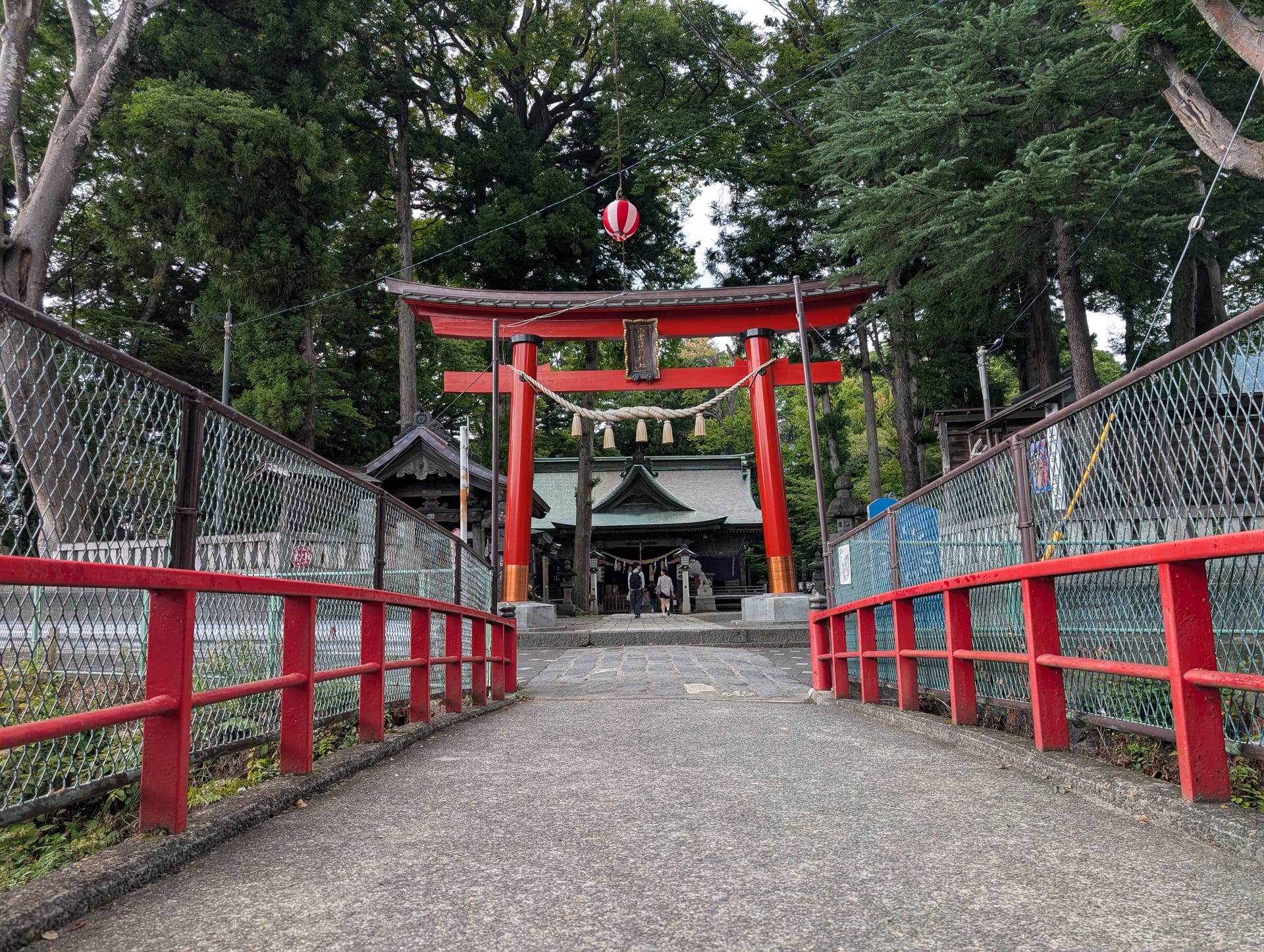 The approach to Arakura Fuji Sengen Shrine — a gravel path lined with red railings leading to a torii gate under tall trees