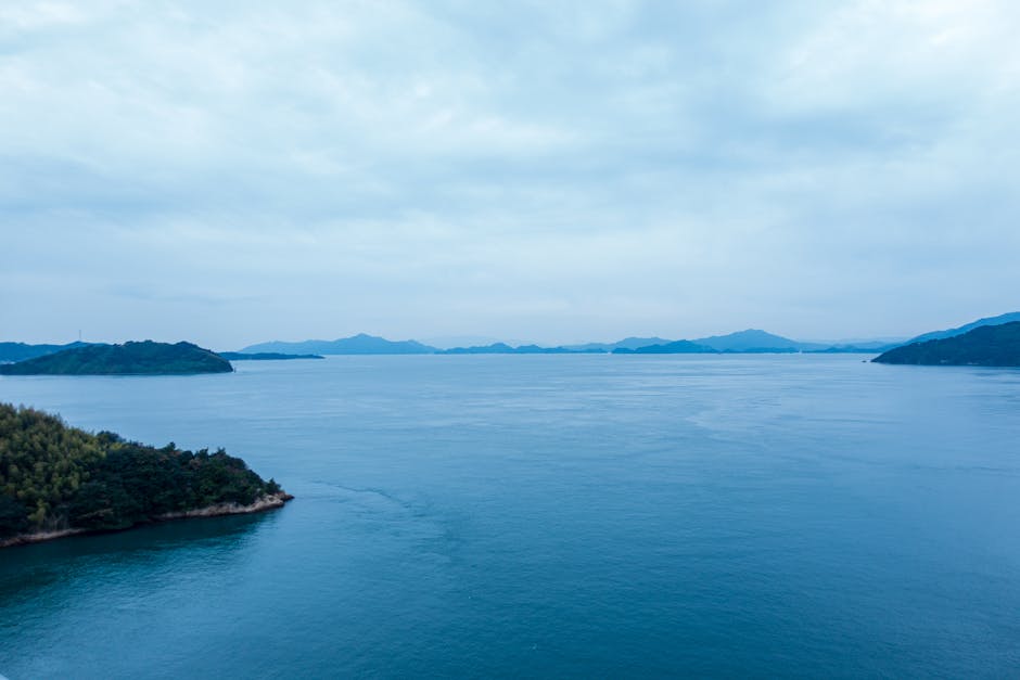 The tranquil Seto Inland Sea — blue water dotted with green islands, fishing boats in the distance, the kind of landscape that Naoshima's art exists within