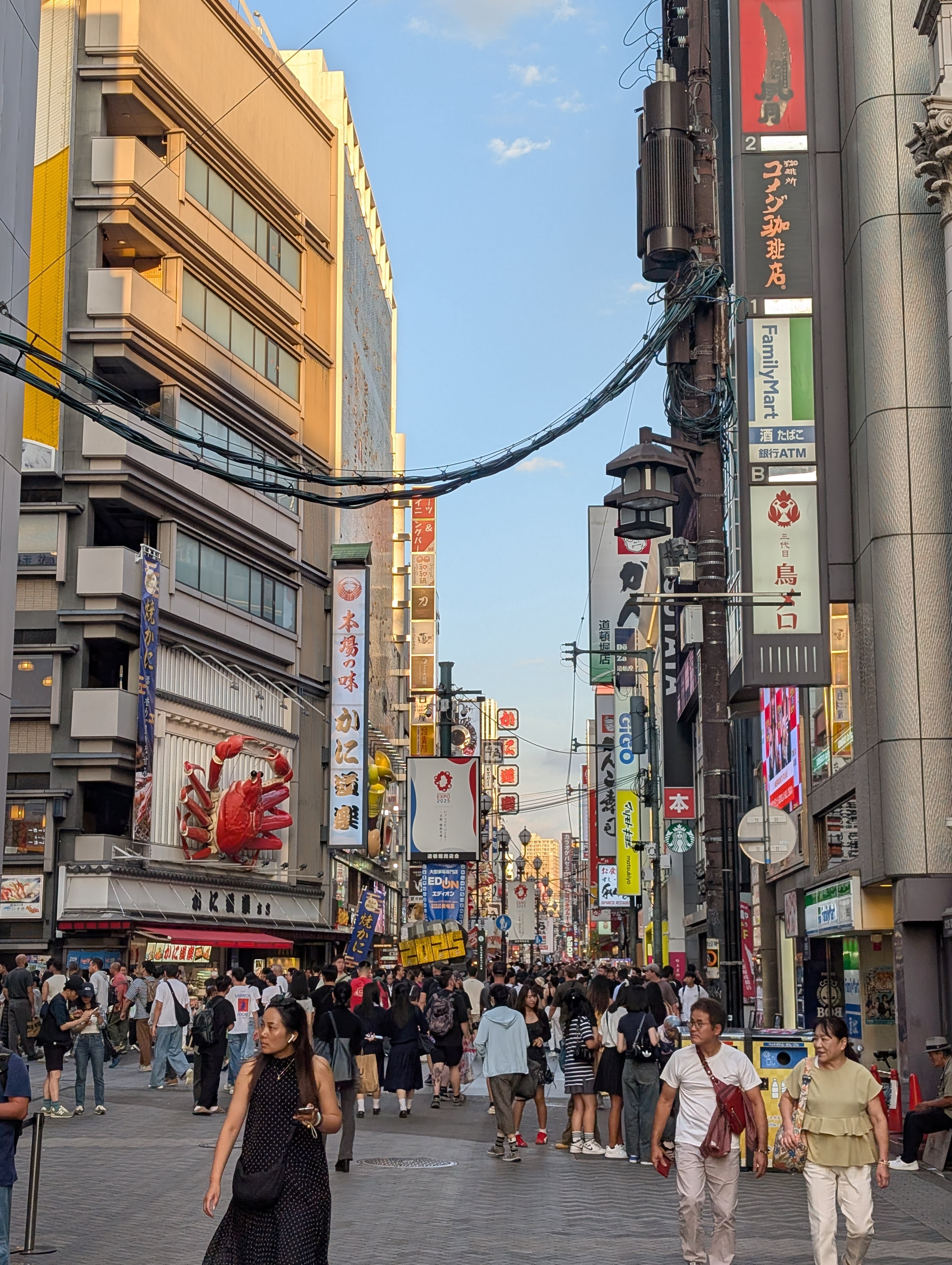 The main Dotonbori street in daylight — the giant crab sign, the stacked neon billboards, the crowds of people flowing in every direction