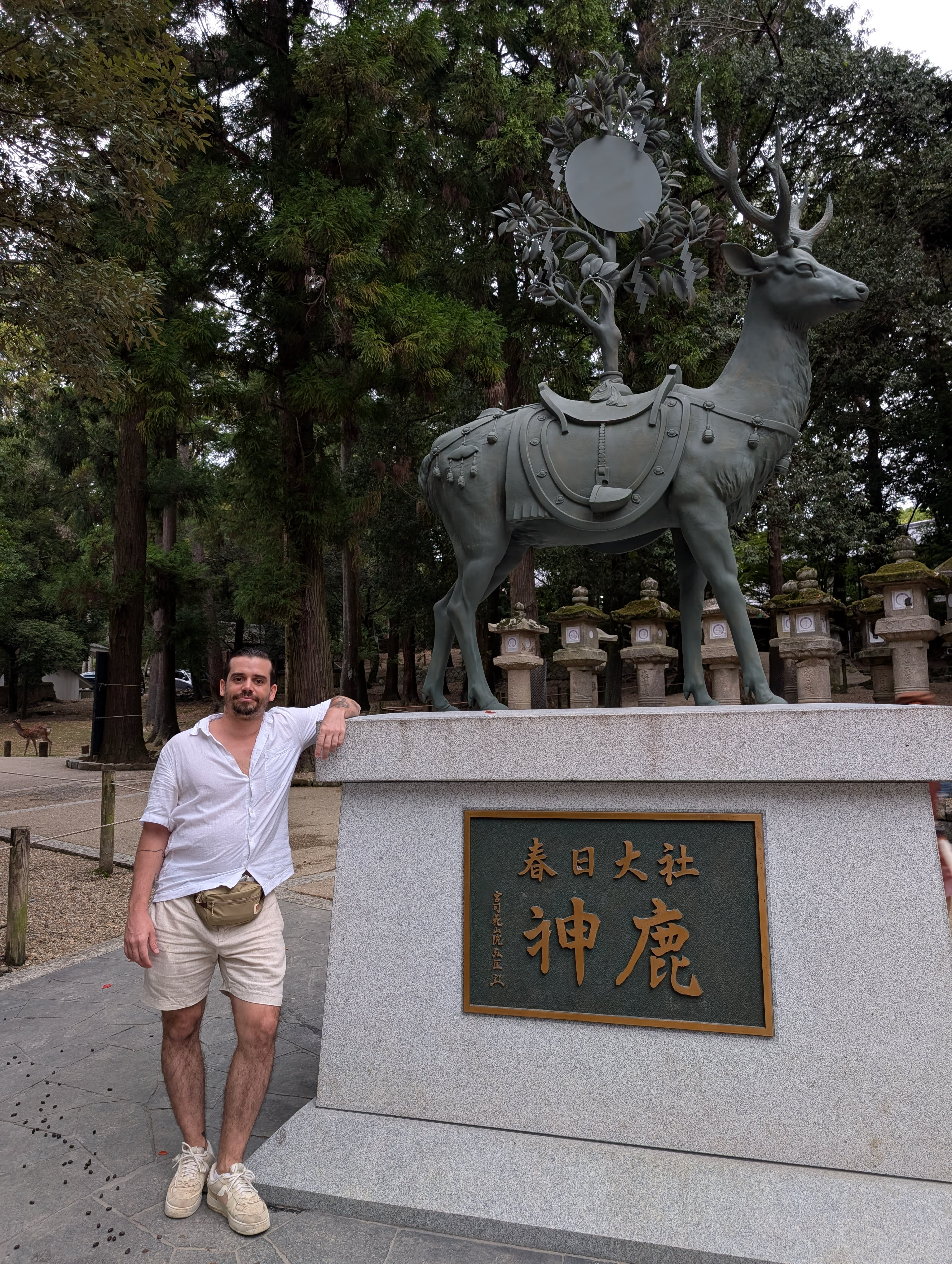 Pierre next to the bronze sacred deer statue at Kasuga Taisha — stone lanterns and ancient cedars lining the path behind him