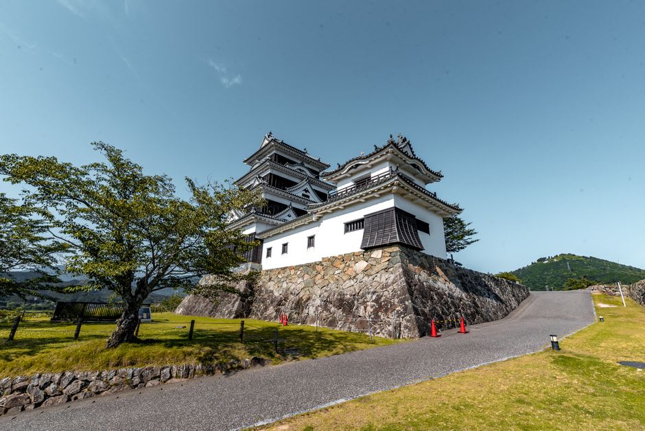 The interior timber framing of the faithfully reconstructed wooden keep of Ozu Castle