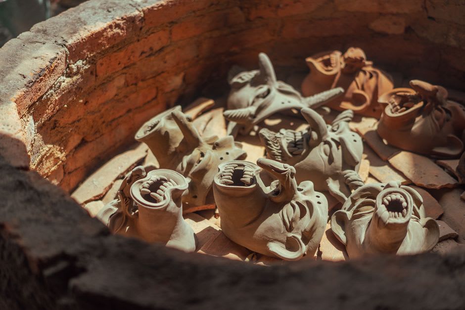 A long stepped climbing kiln built up a hillside in the Shigaraki pottery town